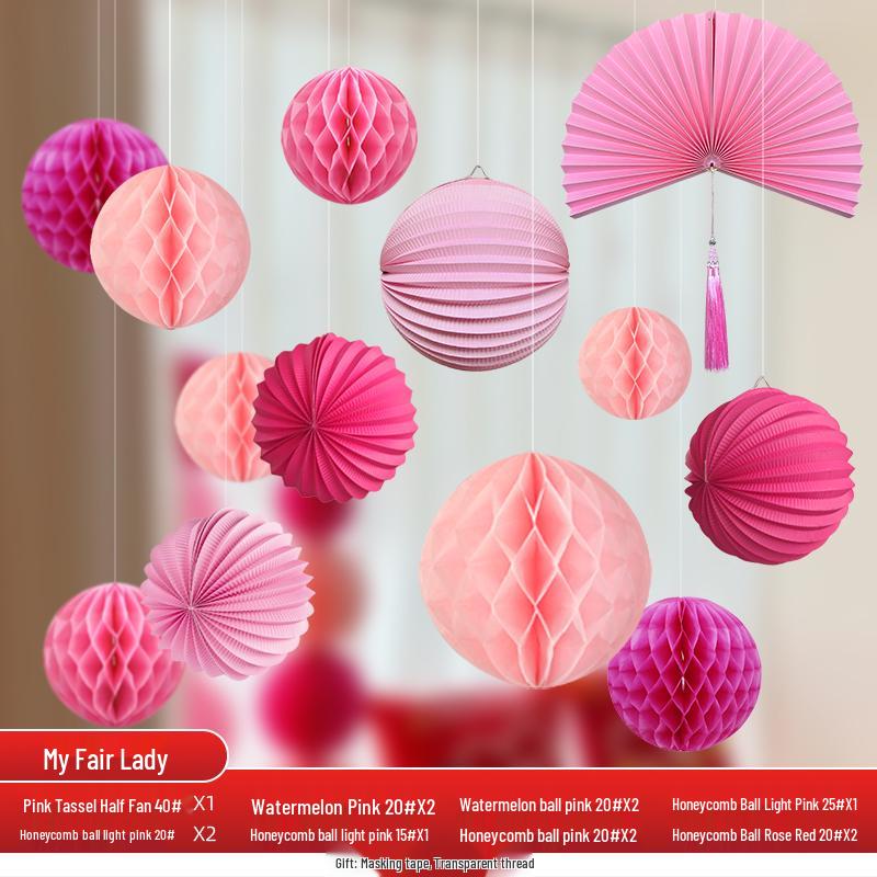 Wedding Décor Set: Honeycomb Balls, Folding Fans & Double Happiness Pendants for Groom's Room
