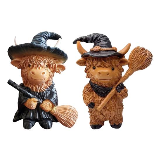 2Pcs Halloween Highland Cow Resin Figurine Wizard Hat Pumpkin Broom Cattle Statue Sculpture Holiday Party Decoration Ornament