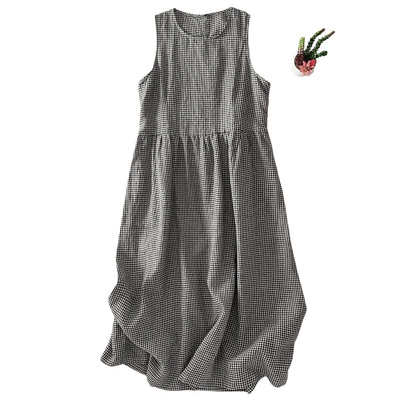2025 Summer New Round Neck Sleeveless Cotton and Linen Large Size Plaid Sleeveless Vest Skirt Women's Loose Casual Dress