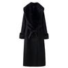Women's Turn Down Collar Long Sleeve Wool Coat Fitted Waist Faux Fur Trim Maxi Coat Winter Outerwear