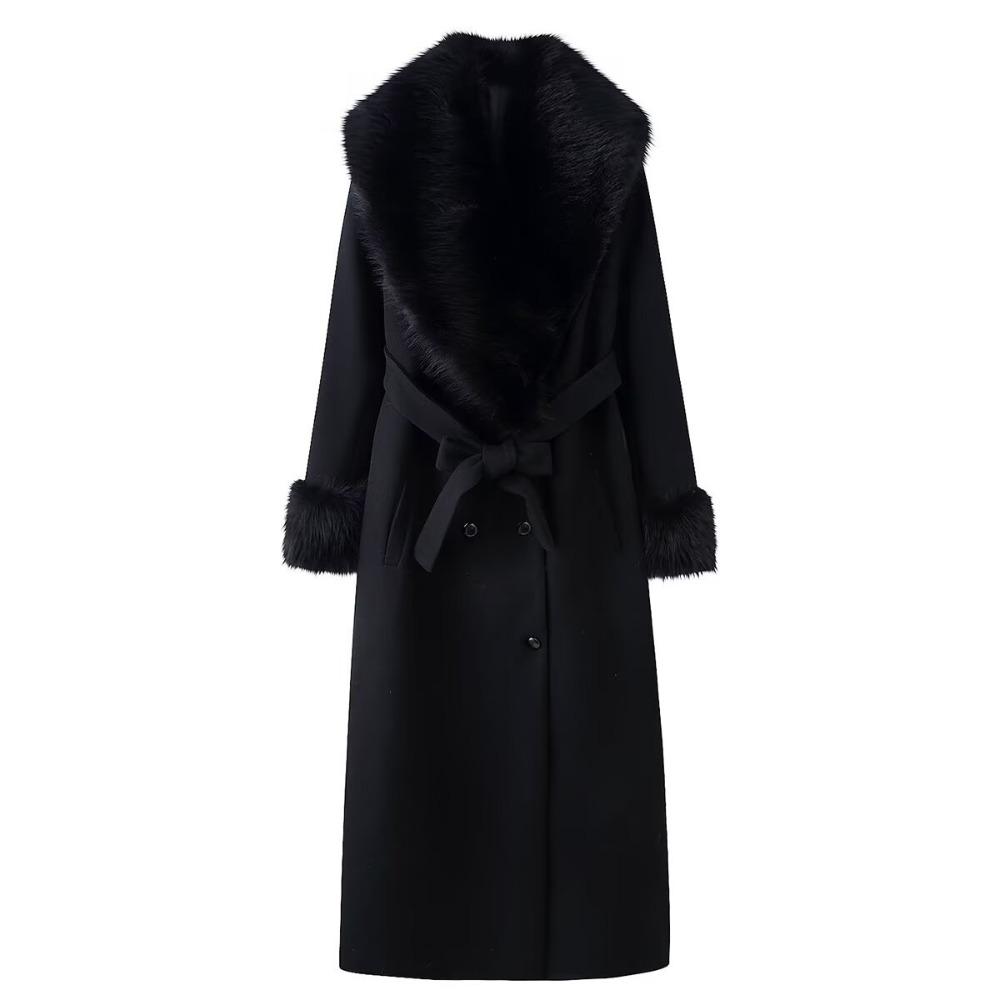Women's Turn Down Collar Long Sleeve Wool Coat Fitted Waist Faux Fur Trim Maxi Coat Winter Outerwear