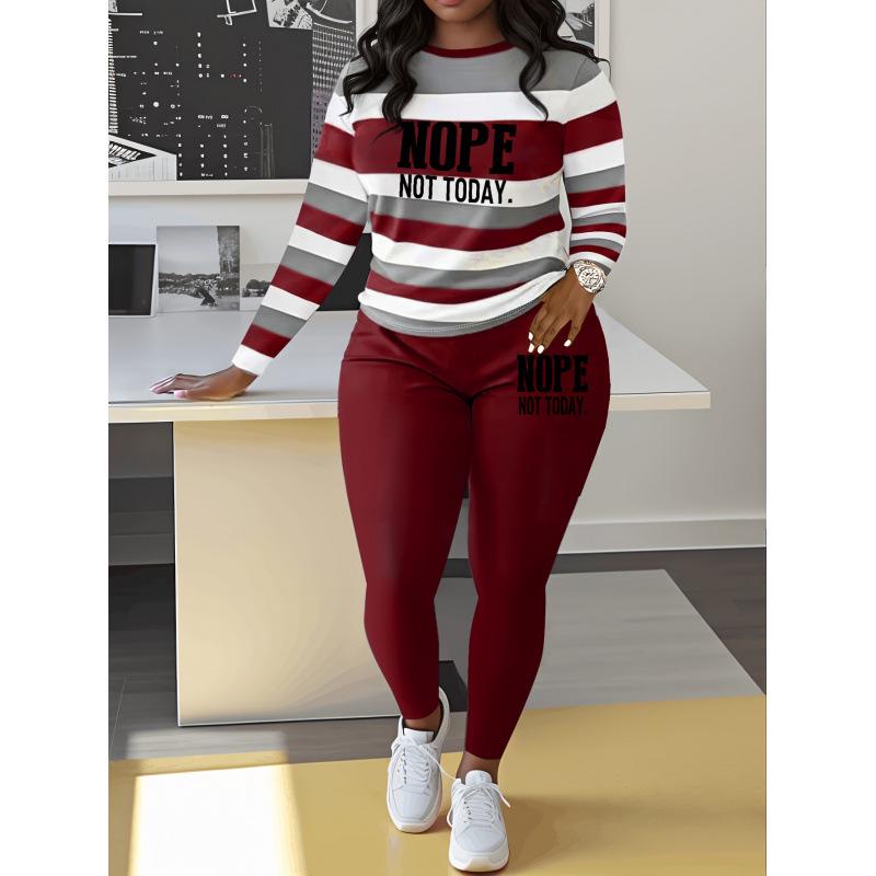 Women's Two-Piece Letter Print Striped Set: Casual Long-Sleeve T-Shirt & Sweatpants/Leggings