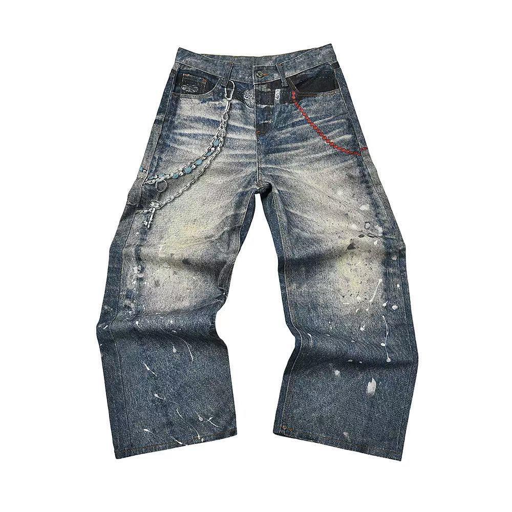 

FlowStreet Fashion 3D Chain Printed Contrast Color Jeans Niche Design High Waist Casual Denim Pants L