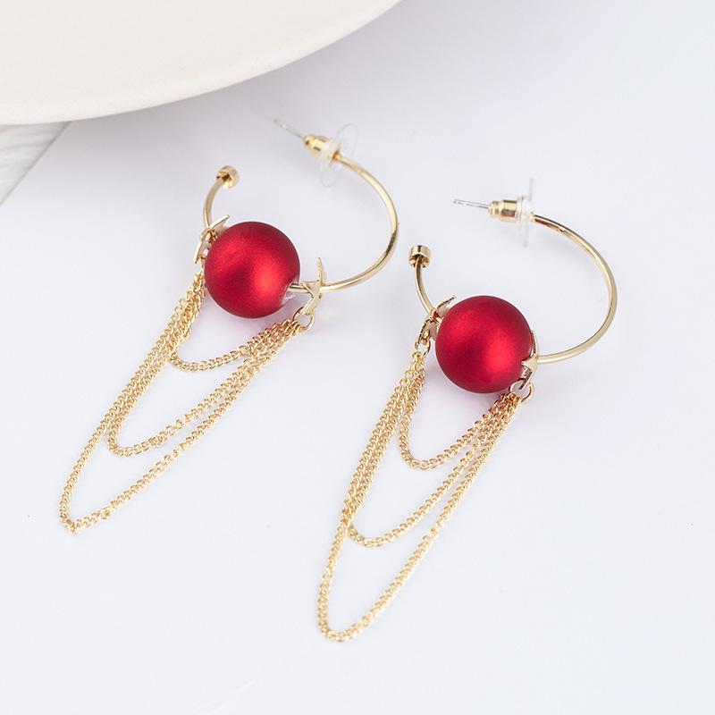 Natural Silver Needle Red Tassel Heart & Pearl Earrings for Women - Face-Slimming, Fashionable Wedding Jewelry
