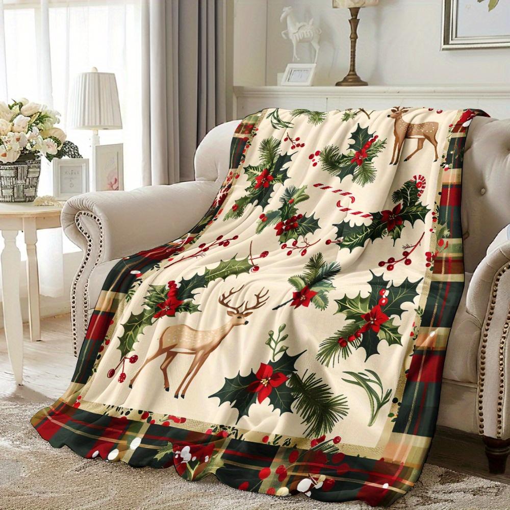 Christmas Deer Plaid Throw Blanket Flannel Fabric With Reindeer Holly And Plaid Border Design For Living Space Comforting