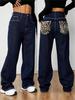 Women's Retro Dark Blue Leopard Print Plush Lined Denim Pants - Autumn/Winter Thick Long Pants