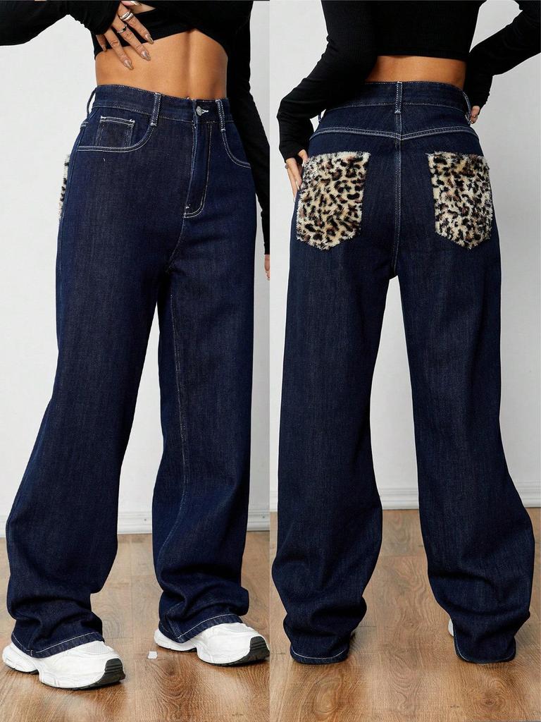 Women's Retro Dark Blue Leopard Print Plush Lined Denim Pants - Autumn/Winter Thick Long Pants