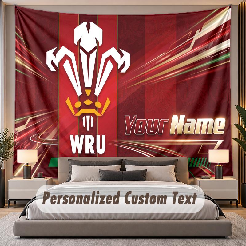 Custom Name Text Tapestry Wales Rugby Personalized Polyester Wall Tapestry For Bedroom And Room