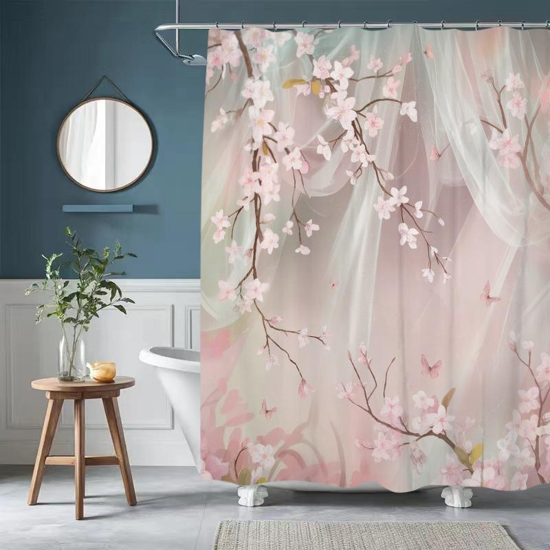 1 Stück Kirschblüte und Schmetterling Polyester Duschvorhang - Blumendruck Badezimmerdekor mit Haken, Maschinenwaschbar