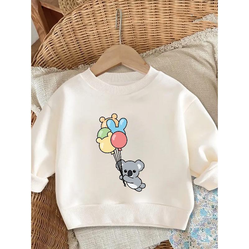 Kids Crewneck Long Sleeve Sweatshirt, Cartoon Koala Holding Balloon Print, 110 белый