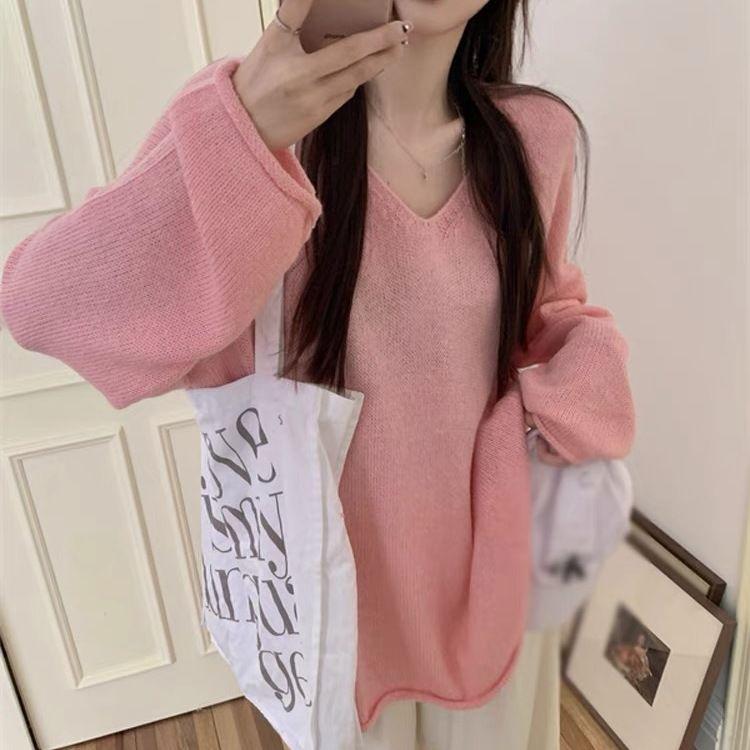 V-Neck Sweater Women's Autumn WinterNew Arrival Loose-Fit Outerwear Medium-Length Hip Covering Base Layer Top