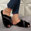 Fashion Crystal Decor Faux Fur Slippers Women Autumn Winter Cross Band Home Slides Woman Comfort Flat Solt Plush Slippers Female