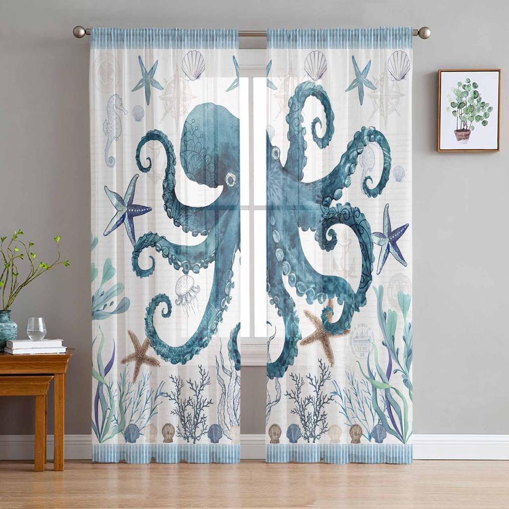Summer Marine Life Coral Sea Turtles Window Tulle Curtains for Living Room Bedroom Hotel Luxury Decoration Sheer Curtains