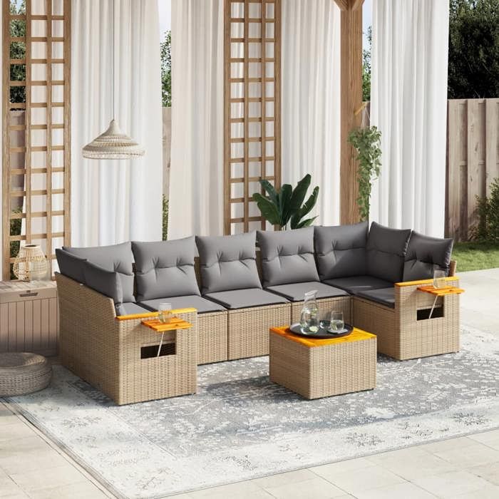 VidaXL Salon de Jardin avec Coussins 8 pcs, Canapés de Terrasse, Ensemble de Meubles de Patio, Mobilier d'Extérieur, Beige 3259056