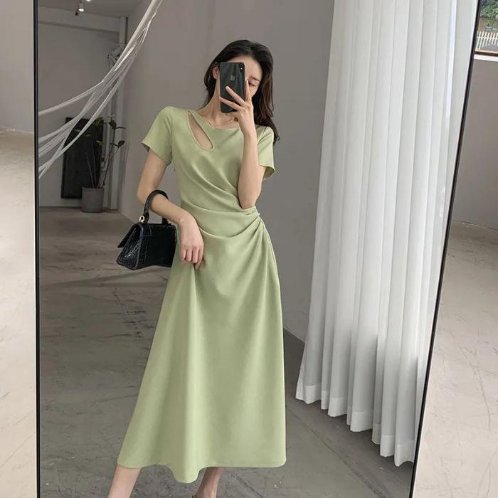 Dress Women's Summer New Hollow French Temperament Thin Design Waist Hepburn Style Long Dress Summer Niche