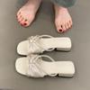Gentle bow sweet one-word slippers women's thick heel satin one pedal with skirt sandals