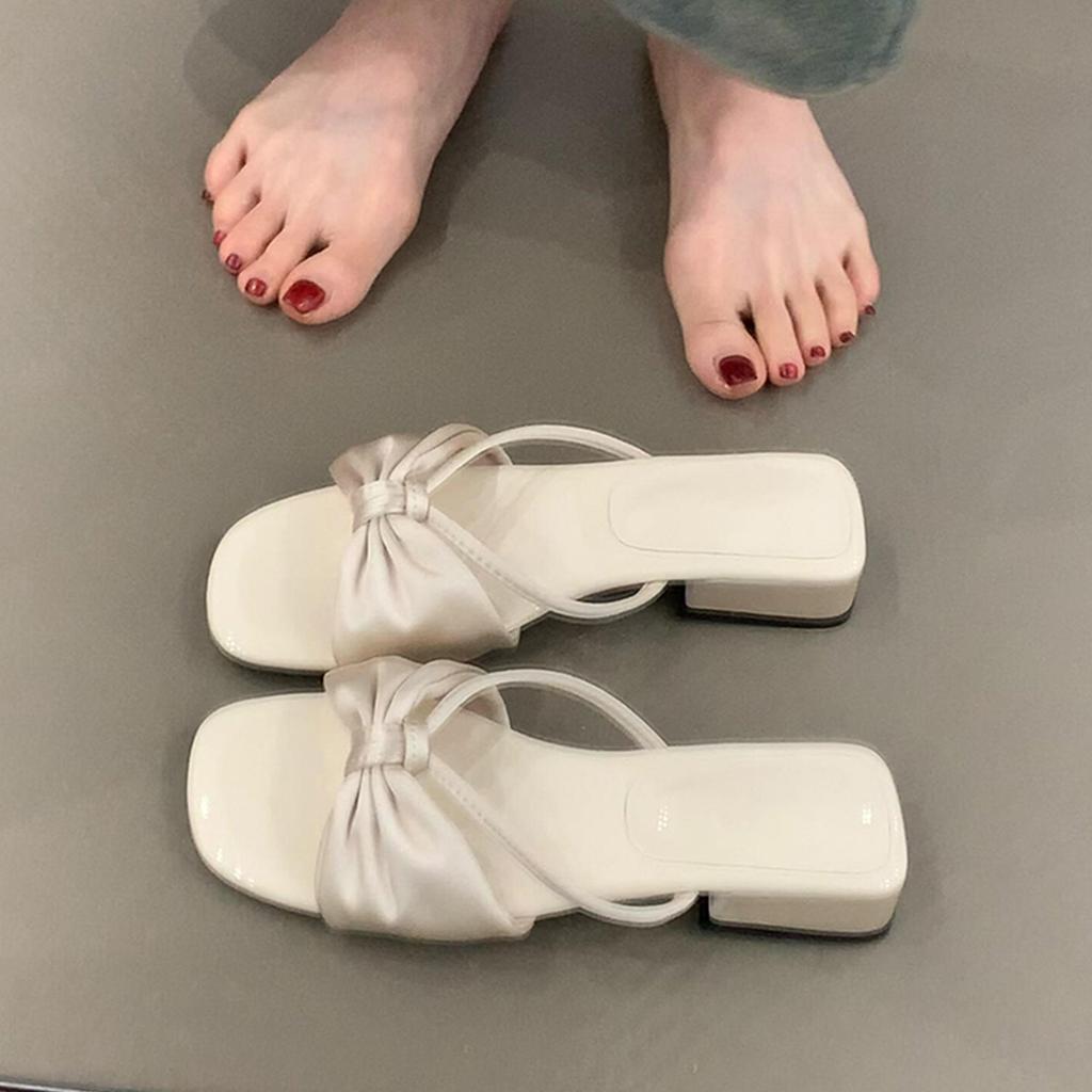 Gentle bow sweet one-word slippers women's thick heel satin one pedal with skirt sandals