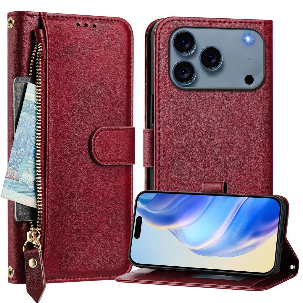 For iPhone 17 Pro Max Case Zipper Pocket Multiple Card Slots Leather Phone Cover
