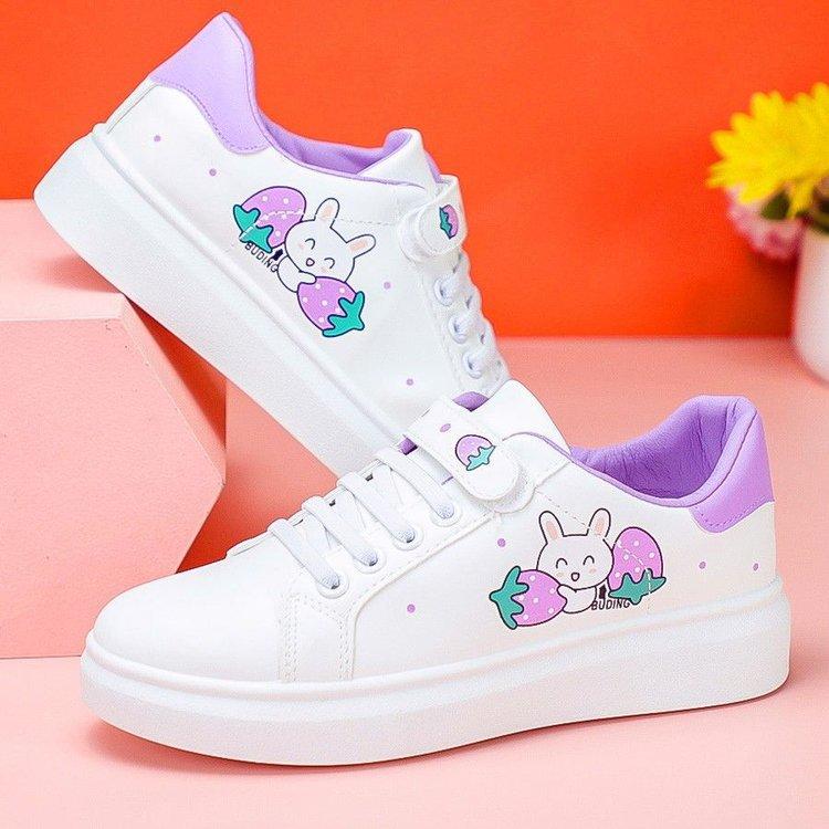Women Casual Vulcanize Shoe Spring Autumn Leather Sneakers Fashion White Breathable Color Print Cute Rabbit Lace-Up Tennis Shoes