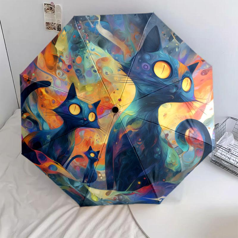 0106 Colorful Cat pattern, automatic folding umbrella, portable and foldable design, 8 ribs, a Christmas or birthday gift.
