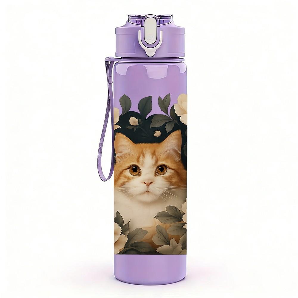 1PC Cat Surrounded By Rose Print 750ml Color Plastic Sports Water Bottle Leakproof Flip Straw Lid Suitable for Sports Office Home Use