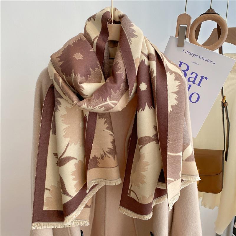 New literary and artistic thickened imitation cashmere winter scarf men's and women's double-sided sunflower shawl personalized scarf shmre