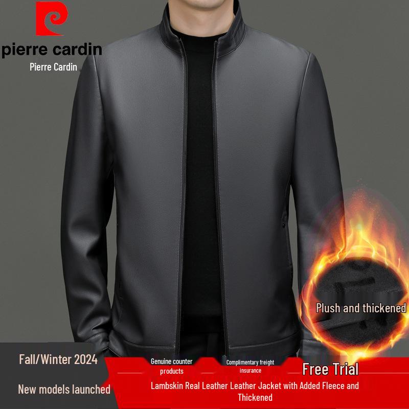 Pierre Cardin Men's Sheepskin Biker Jacket - Plus Velvet, Thick, Autumn/Winter.