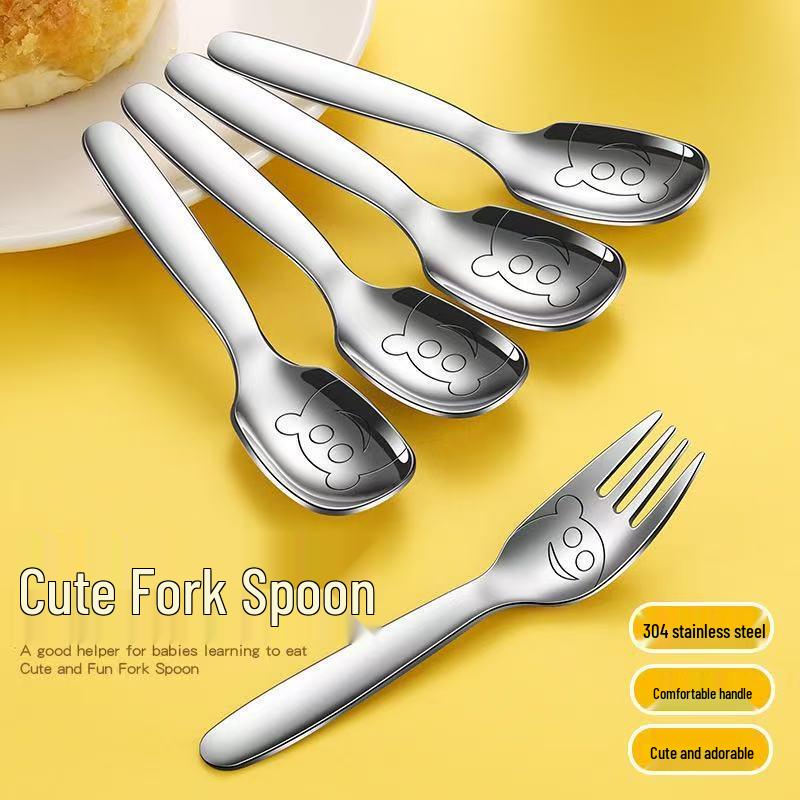 Set Cucchiaio e Forchetta per Bambini Orsetto Cartone Animato - Acciaio Inossidabile 304, Manico Corto, Approfondito per Mangiare Facilmente