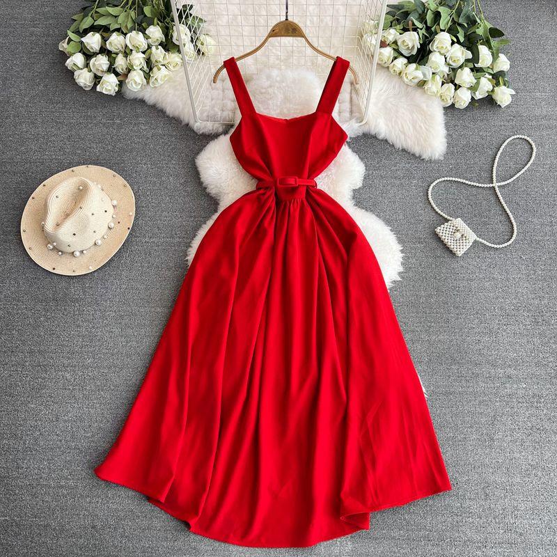 

Red Dress Women 2025 New Arrival French Style Temperament Square-Neck Cinched Mid Length Long Length Large Swing Fancy Halter Skirt Red L