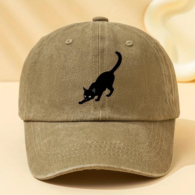 Classic European And American Style Black Cat Printed Baseball Cap for Men, Featuring a Washed Vintage Design, Adjustable Size,