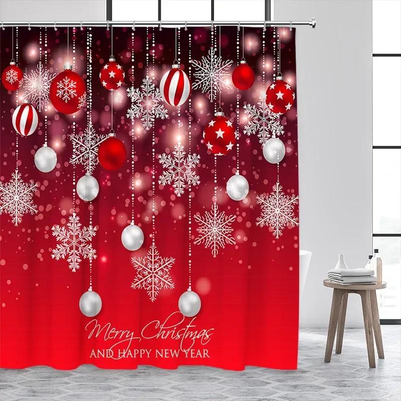 Christmas Balls Shower Curtain Green Pine Boughs Gold Stars Snowflakes New Year Xmas Bath Curtain Home Bathroom Decor With Hooks