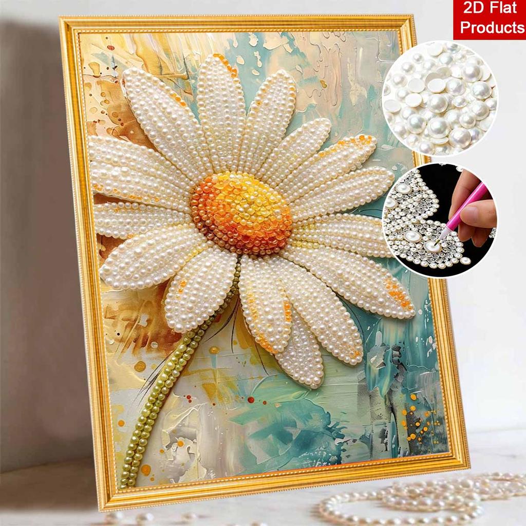DIY Frameless Pearl Painting Kit Daisy Flower Floral Art 3D Shiny Bead Canvas Relaxing Craft for Home Wall Decor Birthday Gift Ideas