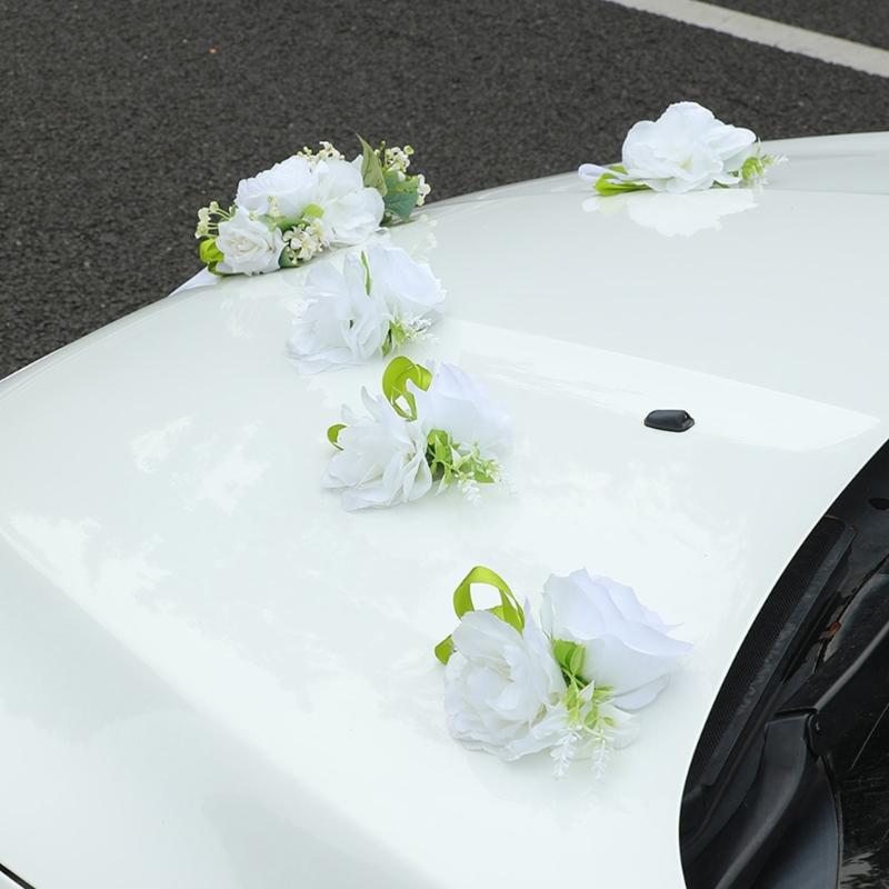 Realistic Faux Floral Arrangement Set For Bridal Vehicle Decoration In White Green Color Scheme