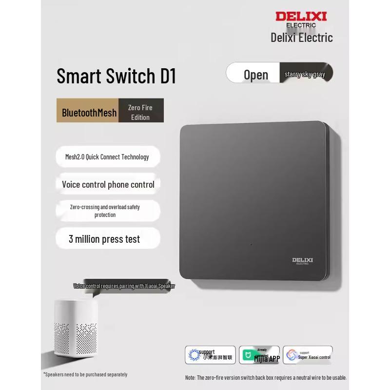 Delixi Ultra-Thin Smart Dual-Control Wireless Switch, Mijia App & Voice-Controlled, Single Live/Neutral Fire Version