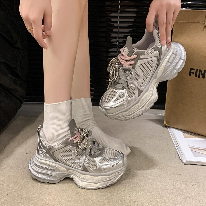 Leather Beaded Pair of Shoelaces Dad Shoes Women's 2026 Spring New Thick-soled Heightened Mesh Breathable Casual Sports Shoes