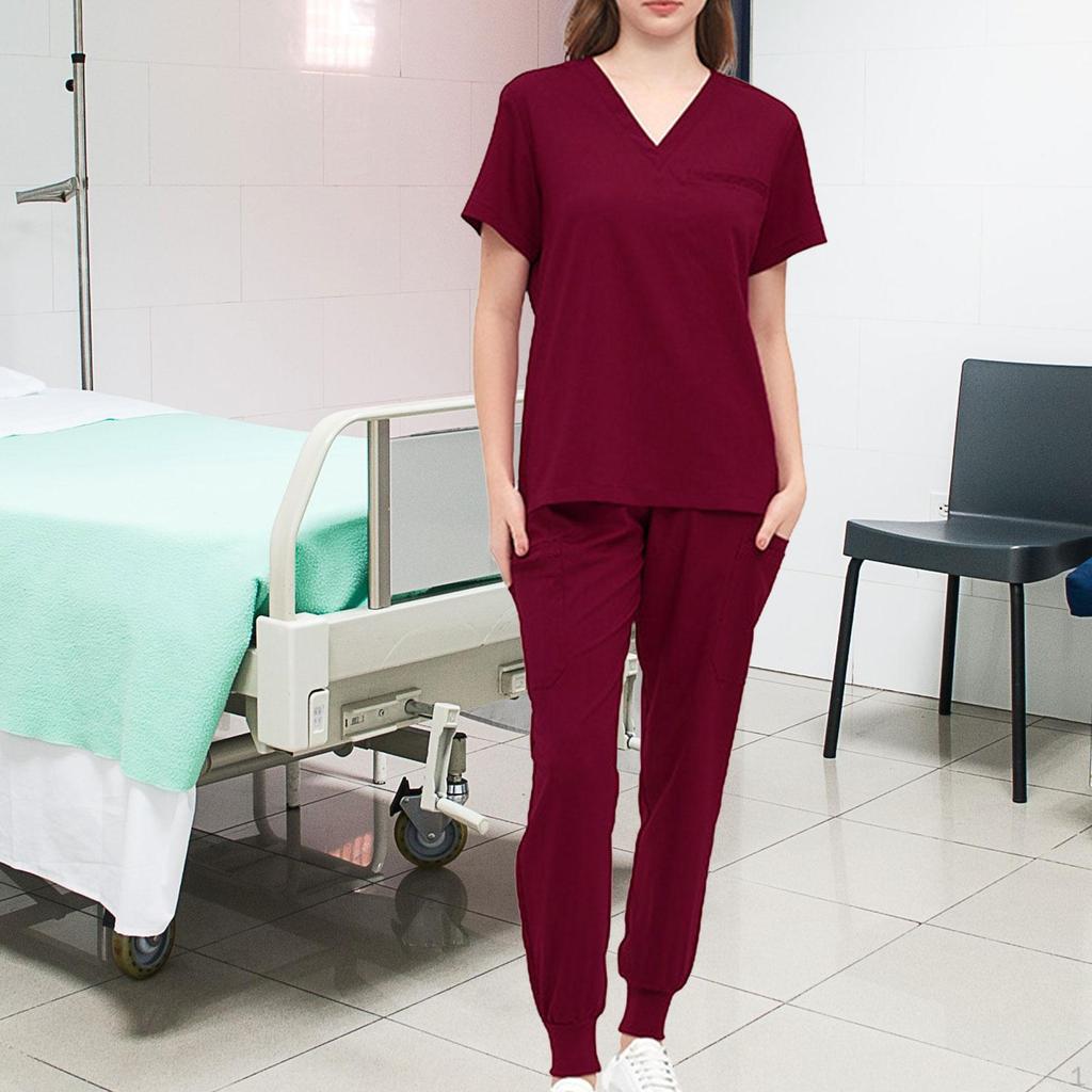 Damen Uniform Kasack Set Pflege Arbeitsanzüge Schwesternoberteil und Hose V-Ausschnitt Kasacks
