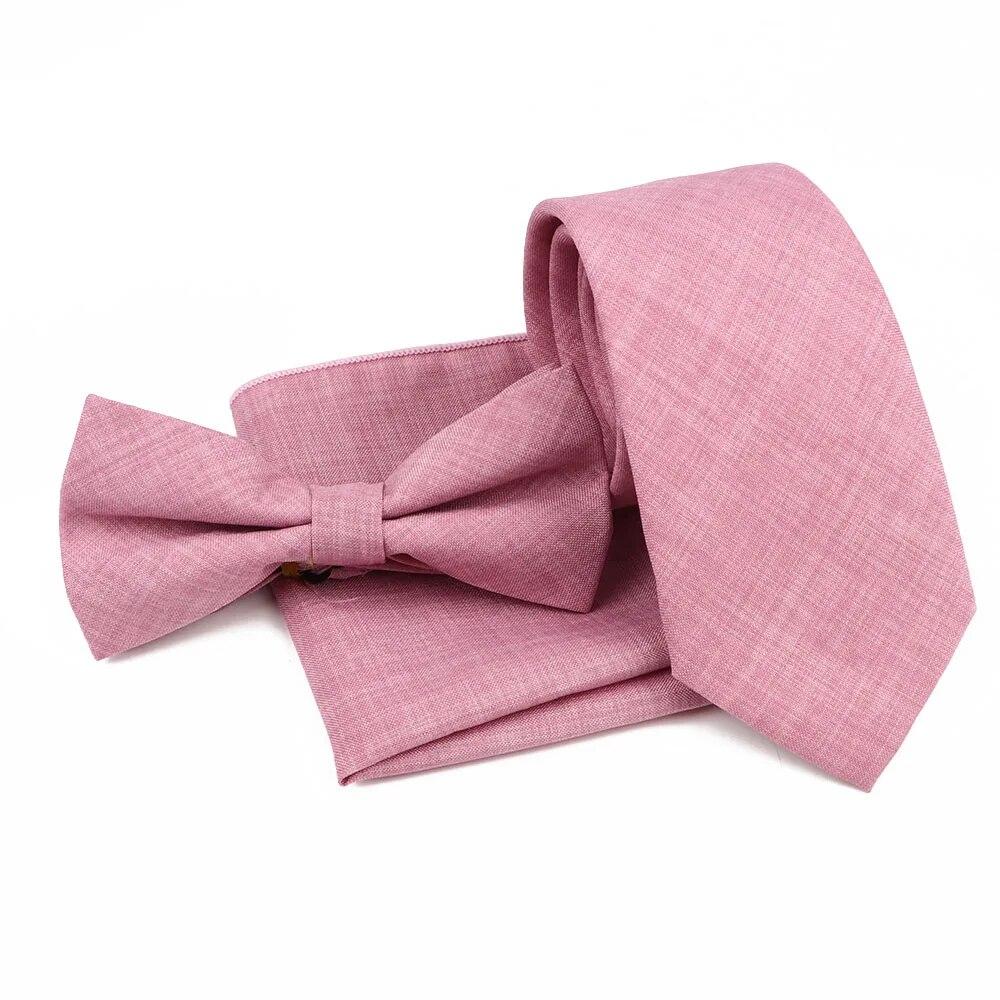 Men Fashion Solid Color Cotton Tie Bowtie Handkerchief Set Wedding Party Butterfly Necktie