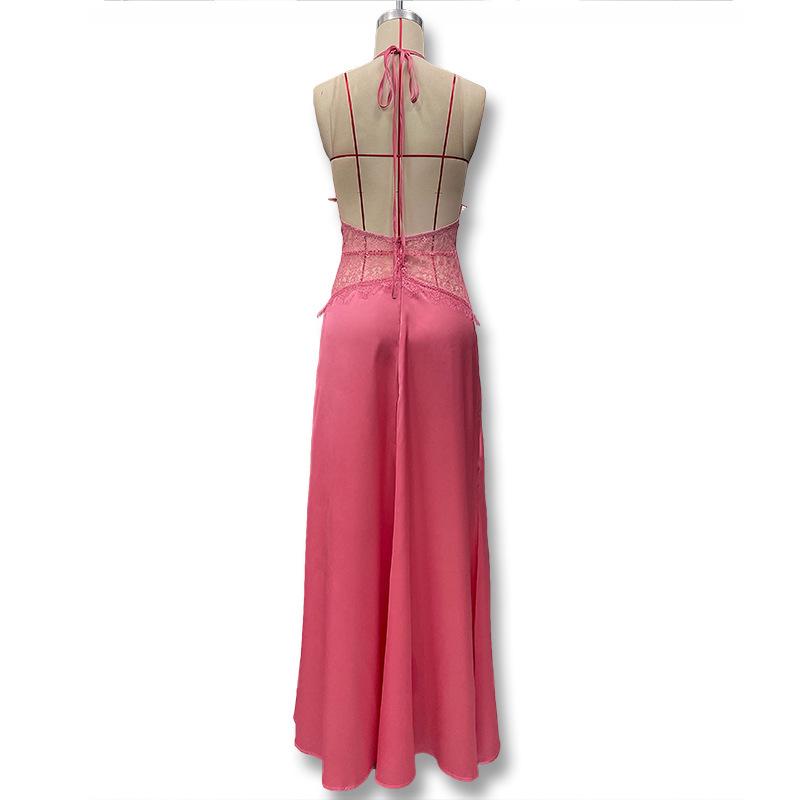 European Style 2025 Summer Women's Deep V Lace-Up Backless See-Through Slim Fit Dress