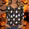 Women's Casual Halloween Print V Neck Three Quarter Sleeve Top Lightweight Comfortable Fit Seasonal Shirt for Everyday Wear