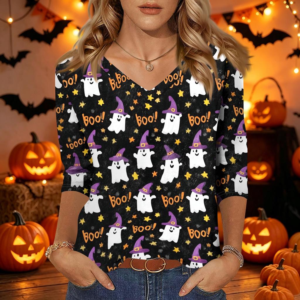 Women's Casual Halloween Print V Neck Three Quarter Sleeve Top Lightweight Comfortable Fit Seasonal Shirt for Everyday Wear