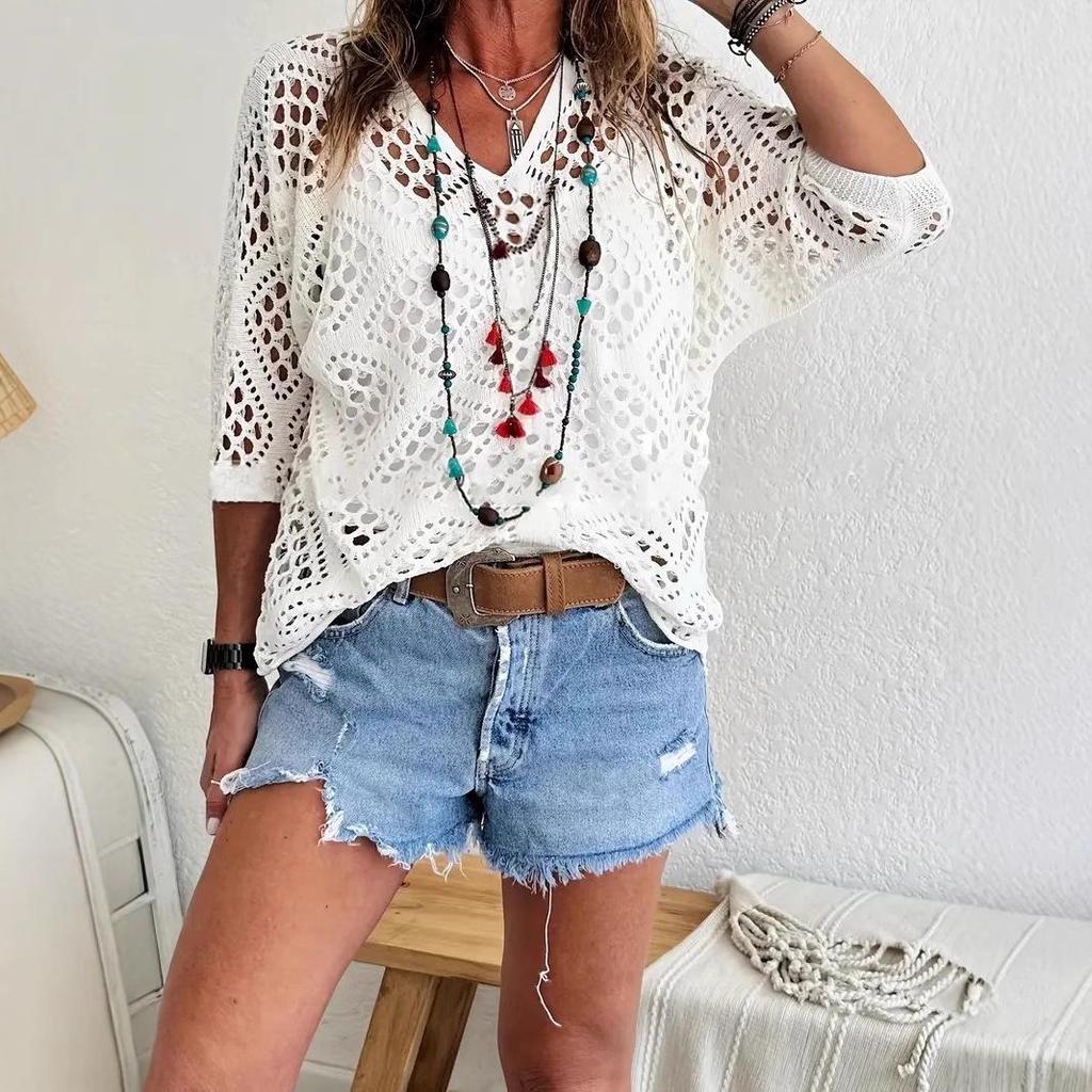 Cardigan lavorato a maglia da donna con scollo a V, intagli a forma di diamante e maniche a pipistrello, per la primavera/estate europea