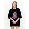 Oversized T Shirt Black Cat Print With Monchhichi Halo Text Casual Streetwear For Women