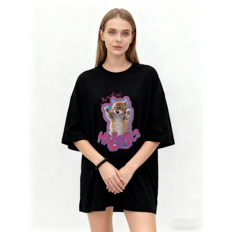 Oversized T Shirt Black Cat Print With Monchhichi Halo Text Casual Streetwear For Women