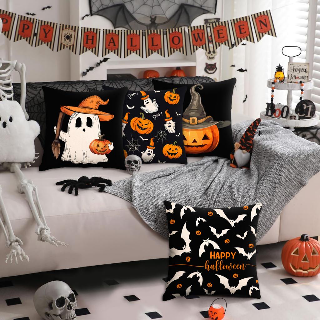 1Pc/4Pcs Halloween Decoration Pillow Cover, Trick Or Treat Cushion Cover, Ghost, Pumpkin Head, Bat Decoration Sofa Cushion Cover