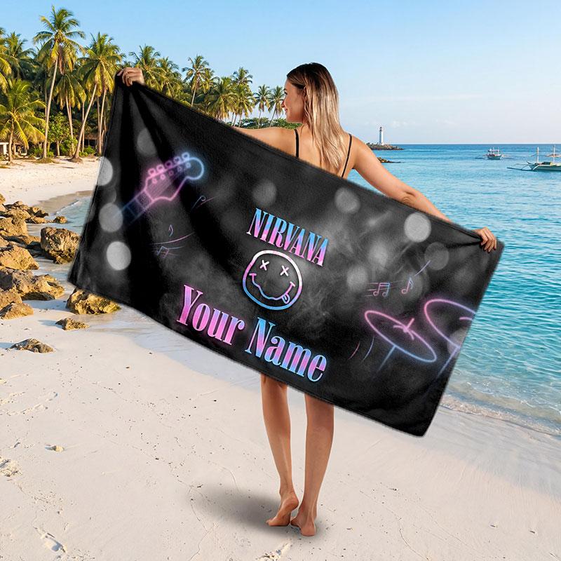 Nirvana Customized Name Text Beach Towel, Soft Absorbent Towel Beach Pool Travel Personal Gift