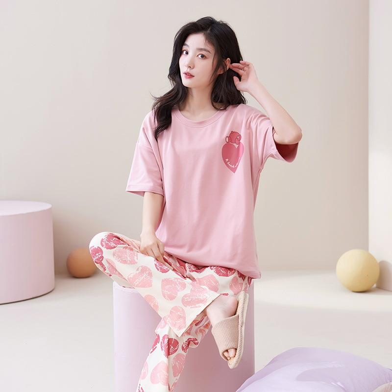Summer short-sleeved fresh plaid pants simple casual pajamas women's breathable loose loungewear set