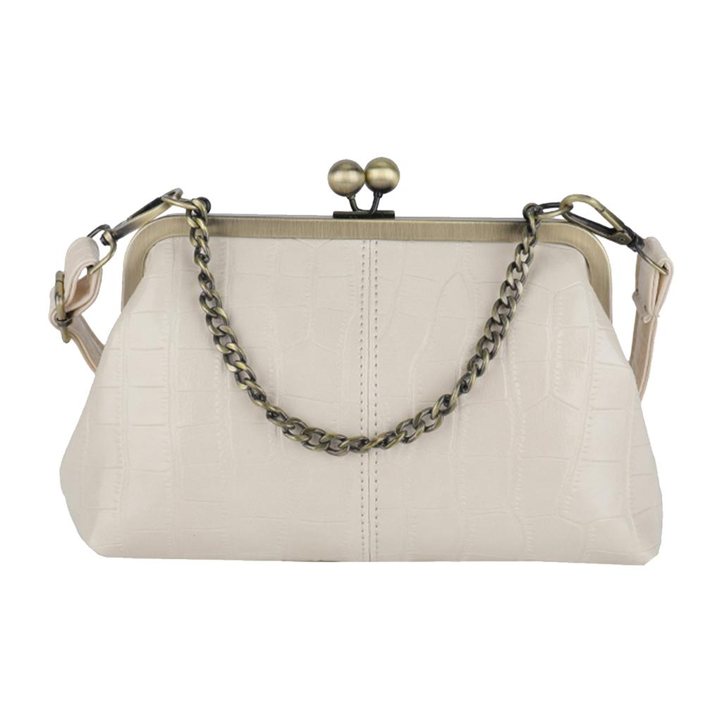 Women Girls PU Leather Kiss Lock Shoulder Bag One Shoulder Crossbody Bag Clip on Chain Handbag for Work School Travel Shopping