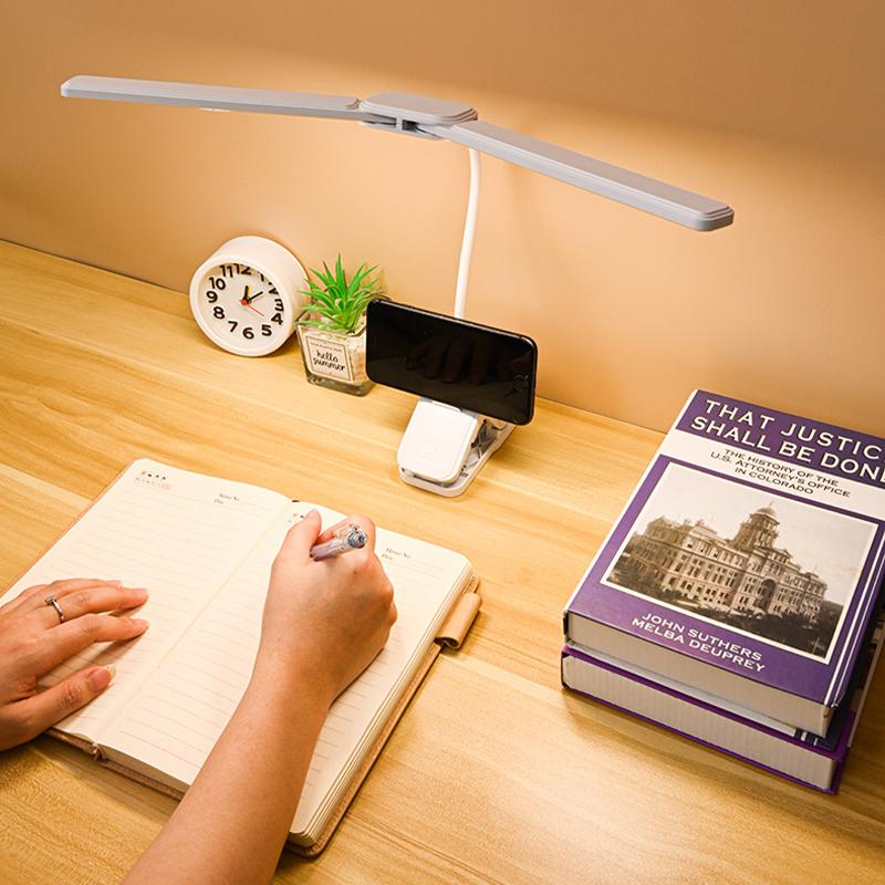 Dual Head LED Desk Lamp Foldable Eye Protection Dimmable Reading Light USB C Rechargeable Battery Lamps for Bedroom Dorm Study