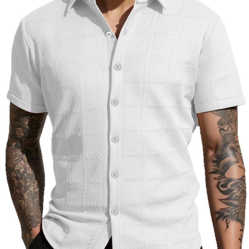 

Men Textured Short Sleeve Button Up Shirt Casual Waffle Knit Summer Shirt S белый