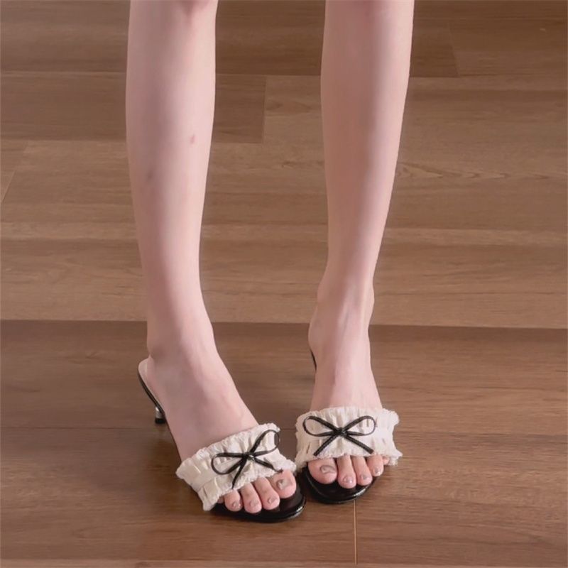 Beautiful feet bow casual summer high-heeled slippers women wear small fragrant style not tired stiletto sandals